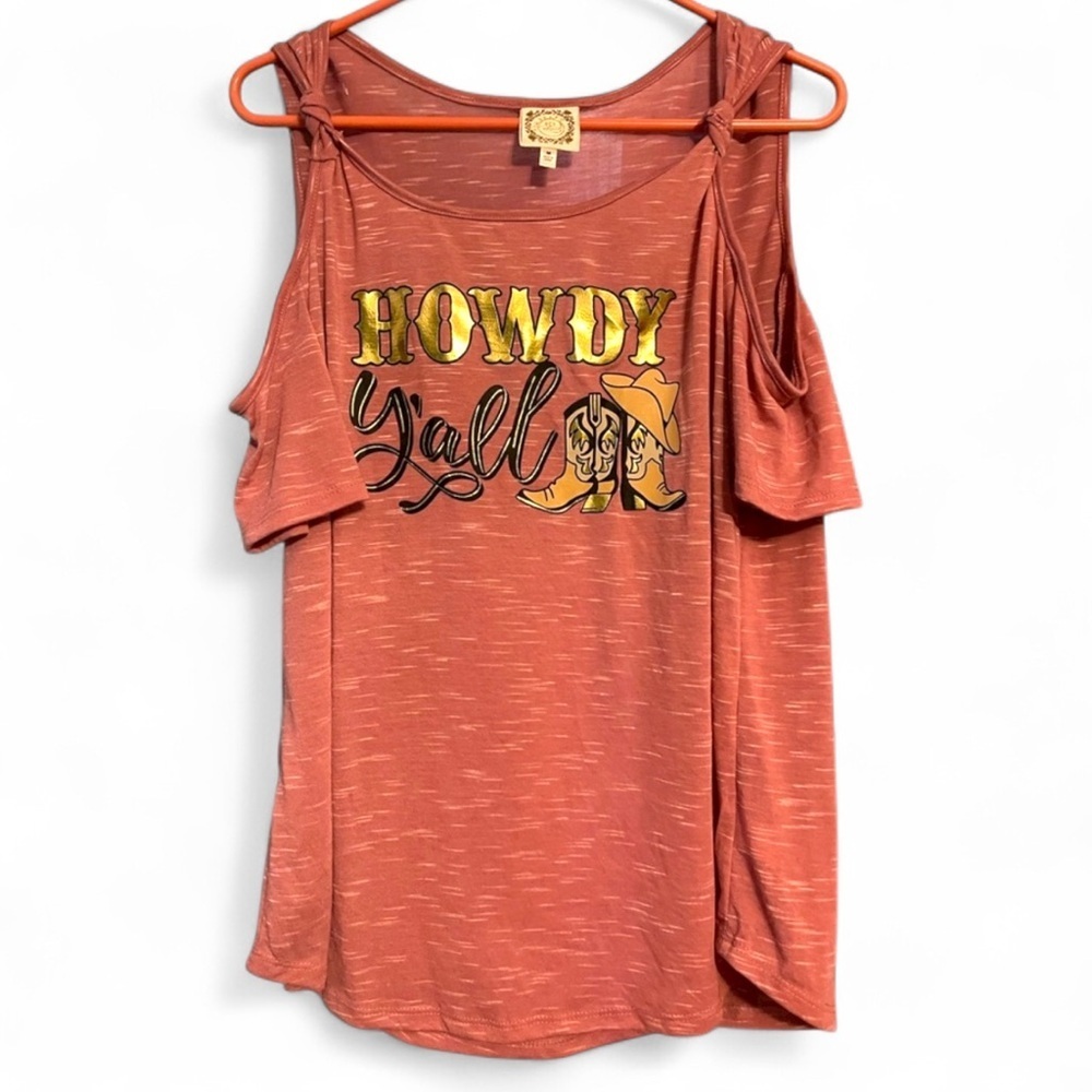 Rose Pink Cold Shoulder Tank Top with 'Howdy Y'all' Cowboy Graphic Size M